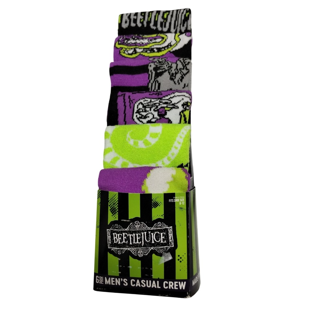 Beetlejuice Men's Crew Socks 6 Pack | Bioworld Recycled Yarn Halloween Gift